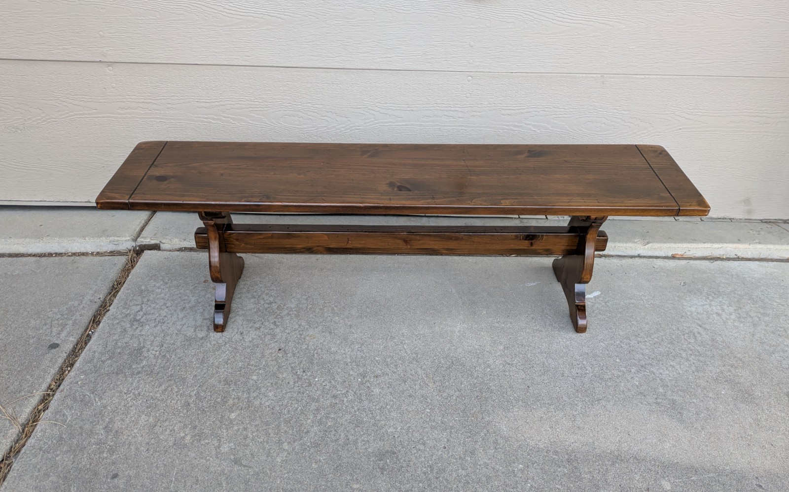 Vintage Ethan Allen Old Tavern Rustic Antiqued Pine Wood Trestle Bench
