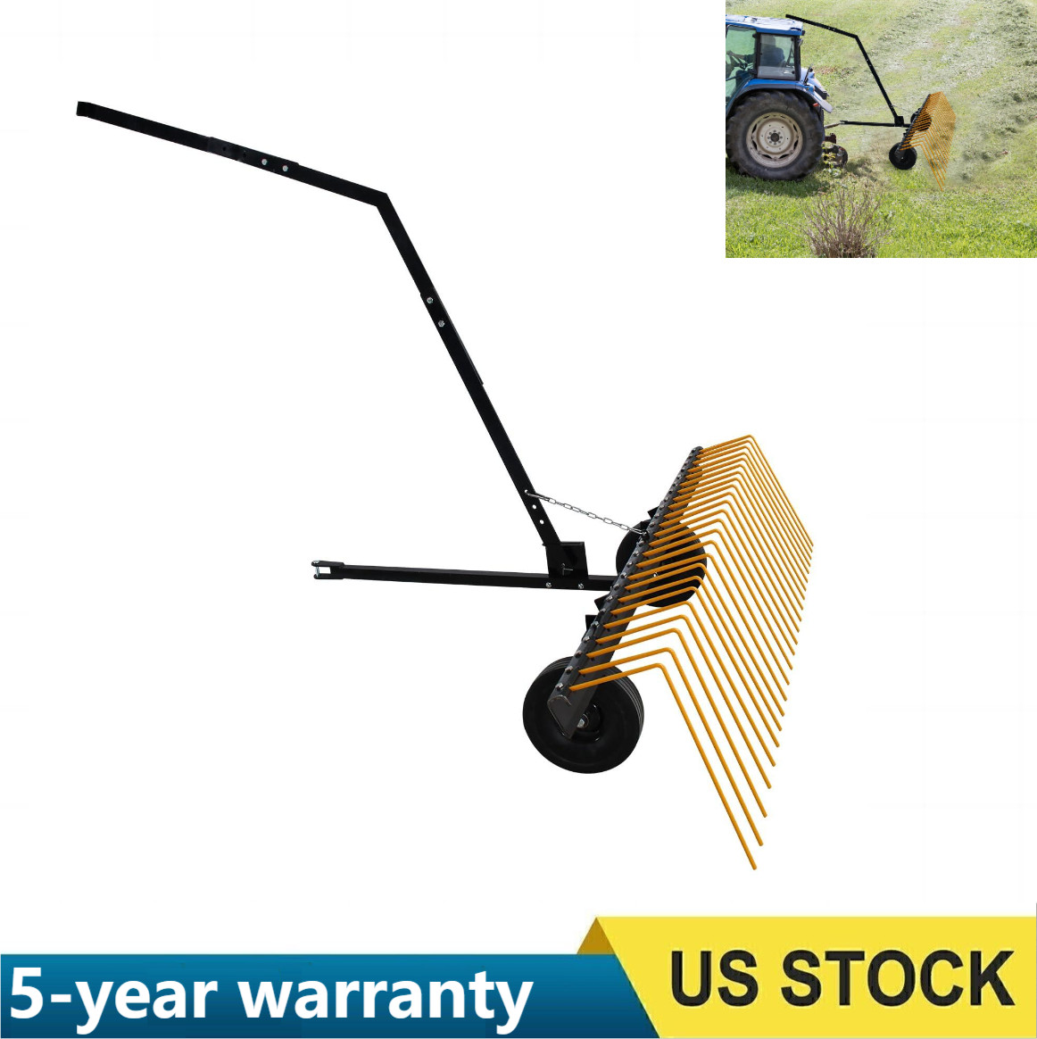 60 Inch Tow Behind Lawn Dethatcher & Pine ATV Straw Rake, 24 Spring Steel Tines