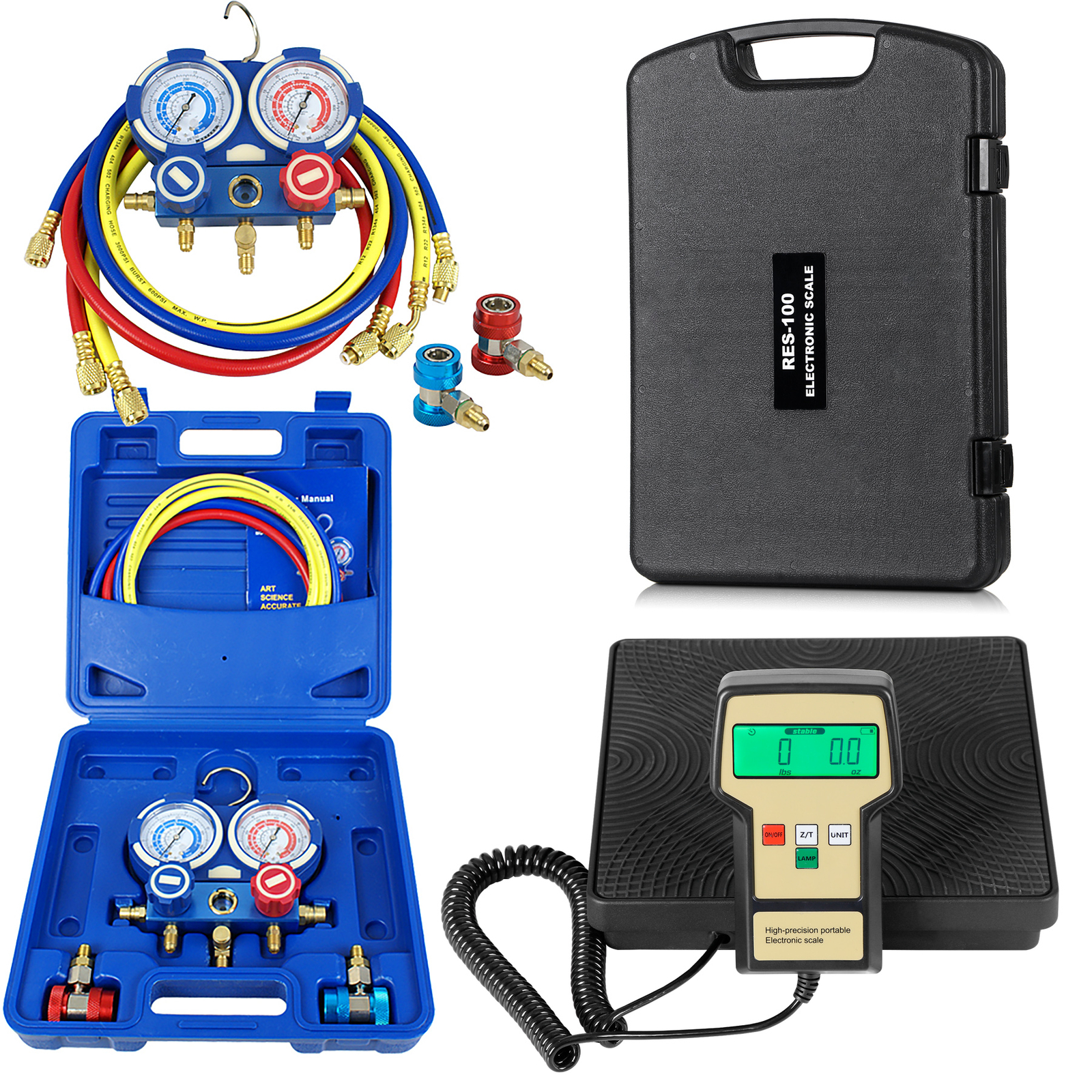 Digital Refrigerant Electronic Charging Scale for HVAC + Manifold Gauge w/ Hoses