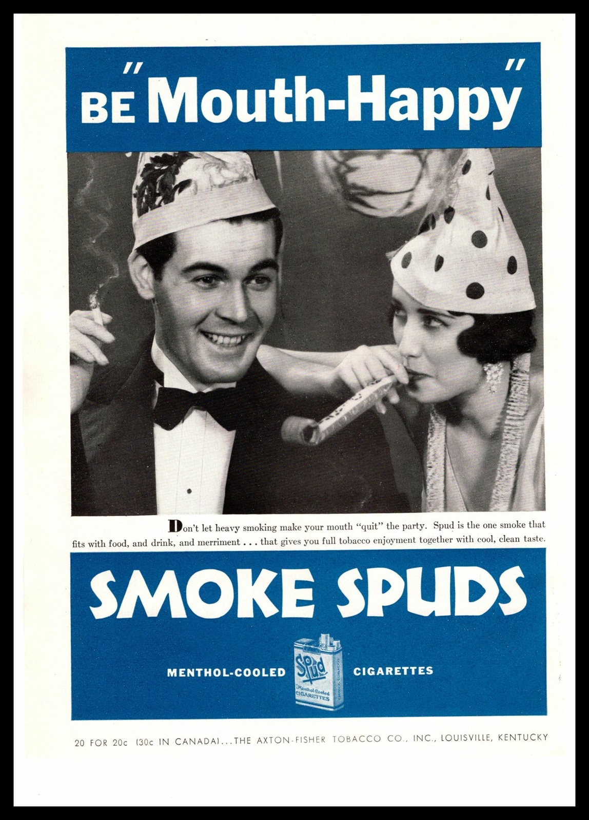 1932 Spuds Menthol Cigarettes "Be Mouth-Happy" New Year's Eve Party Print Ad