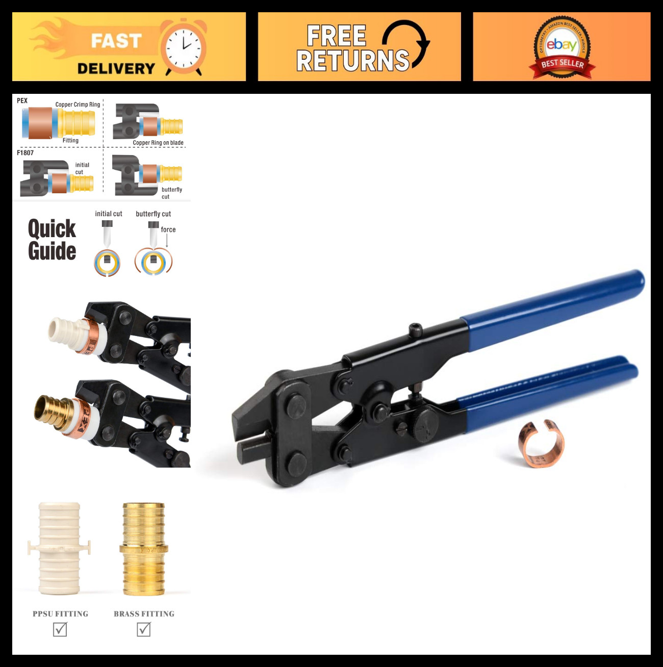 PEX Crimp Ring Removal Tool for 1/2", 3/4", 1" Copper F1807 Crimp Rings