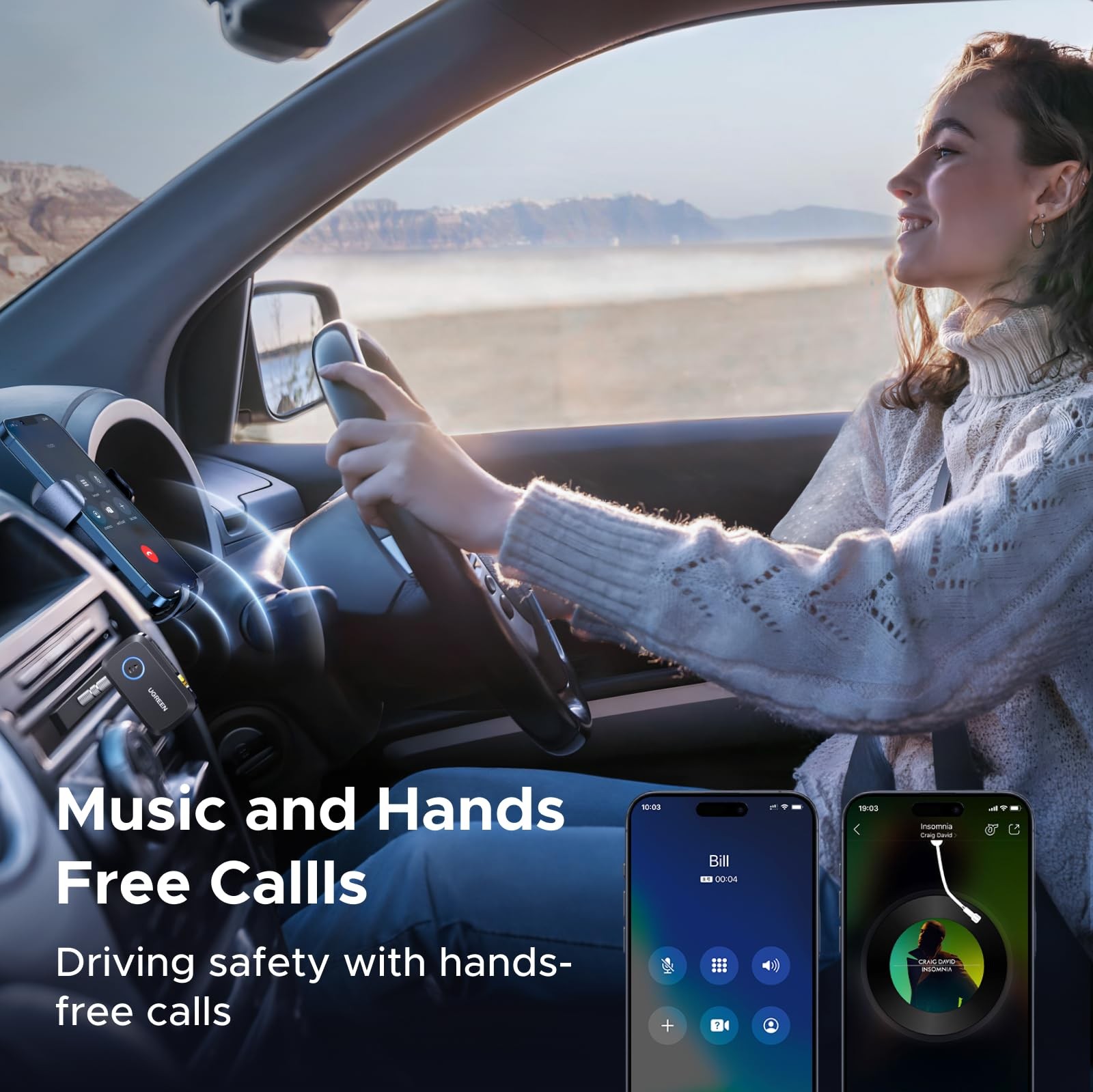 Bluetooth 6.0 Receiver for Car with LDAC, AI Noise Cancelling 3.5mm AUX B