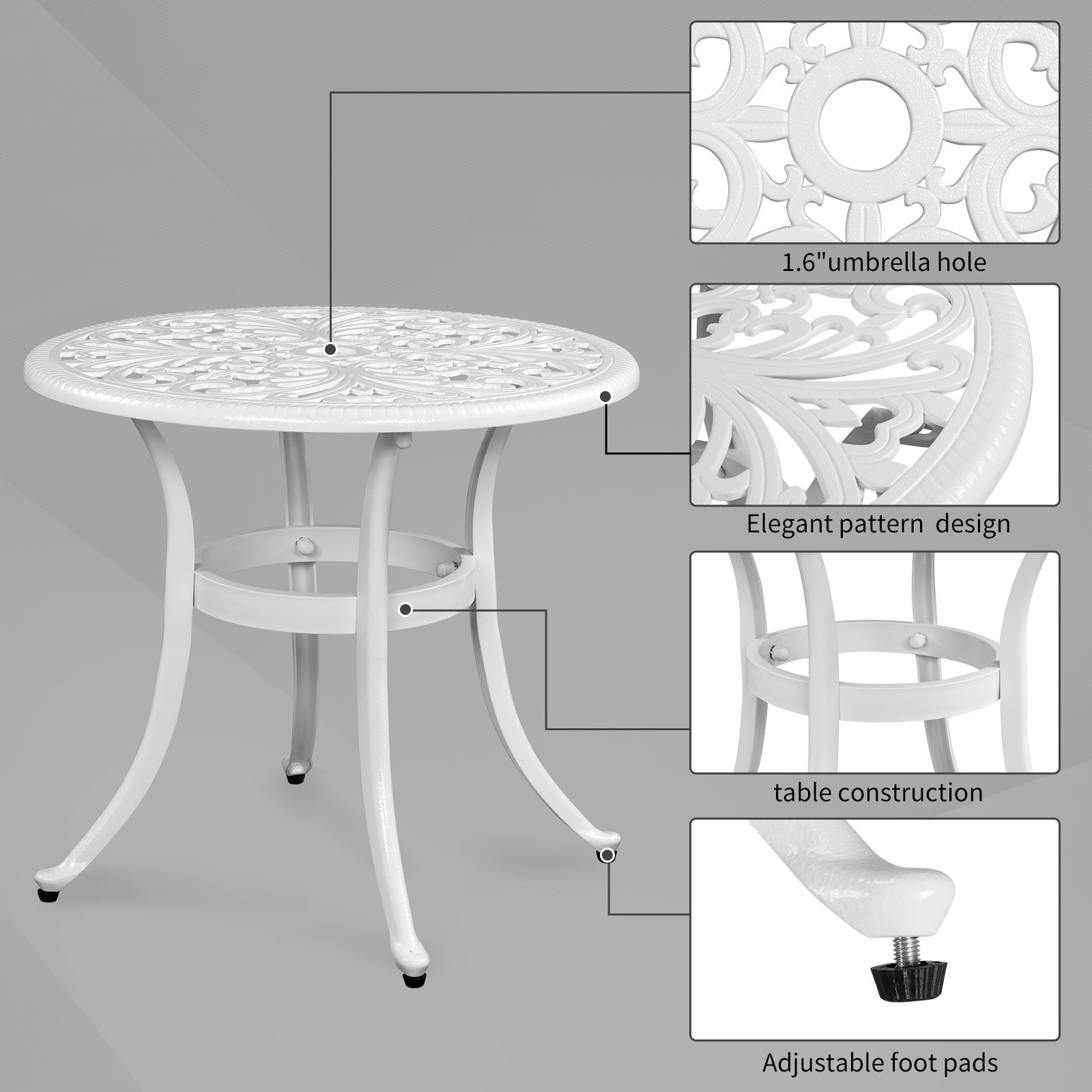 Phoenix Cast Aluminum Round Table, Patio End Table Side Table,Bar Table, White