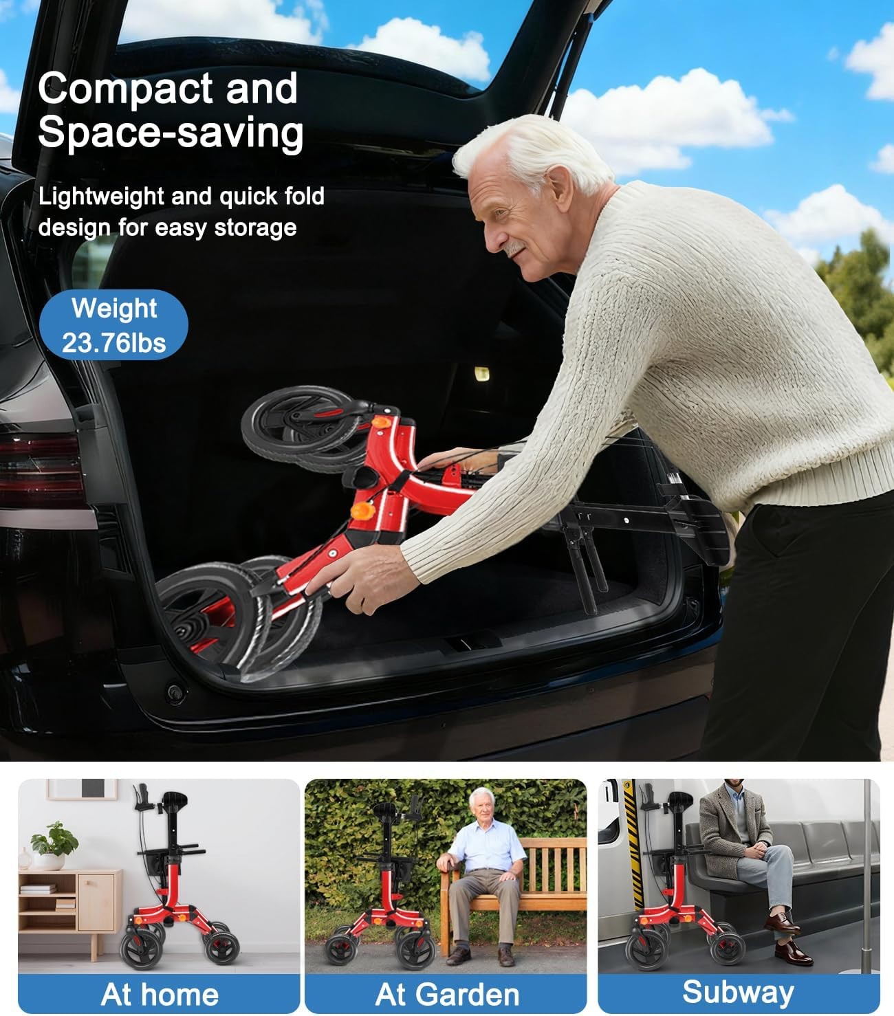 FlyingJoy Upright Rollator Walker Seat 10in Wheels 300lb Red Foldable