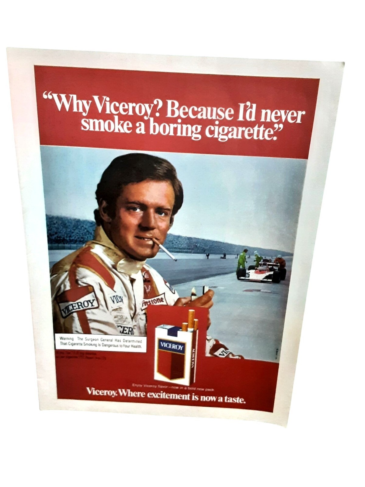 1976 Viceroy Cigarettes Vintage Print Ad Race Car Driver Motorsports