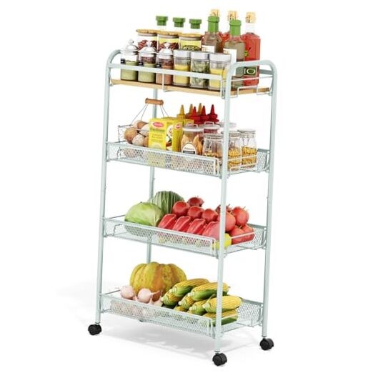 4-Tier Rolling Cart, Metal Utility Cart, Slide Out Storage Cart Wide Green