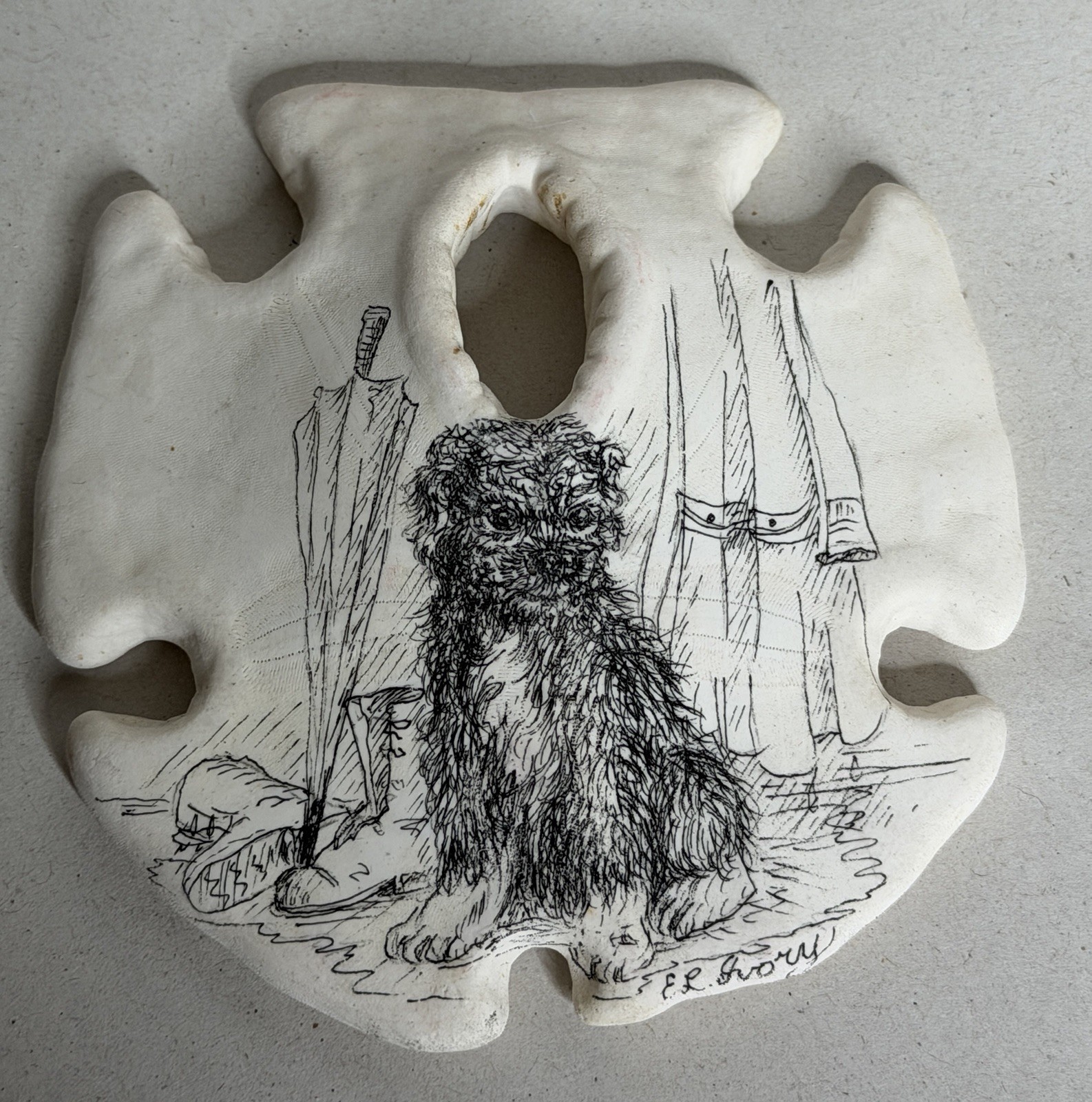 Vtg Sand Dollar Dog Art Original Hand Drawn Signed Mixed Media Coastal Decor