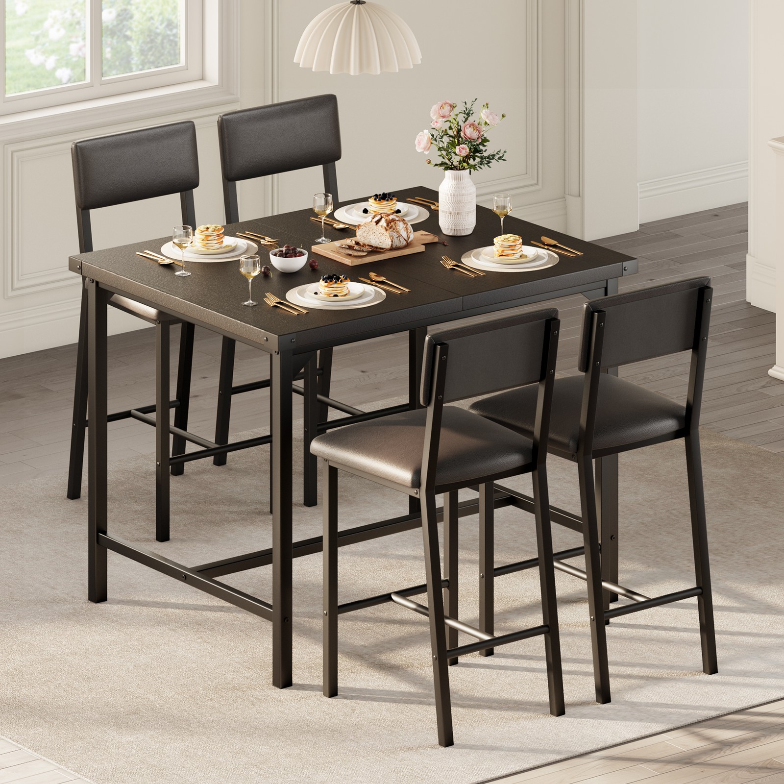 5-Piece Dining Table Set Counter Height High Top Table and 4 Upholstered Chairs