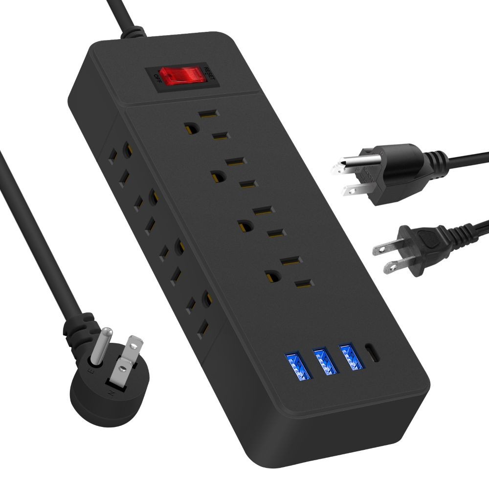 US Power Strip 3 Side Outlet w/ 12 AC Outlets 3 USB Ports + 1 Type C 6FT Cable