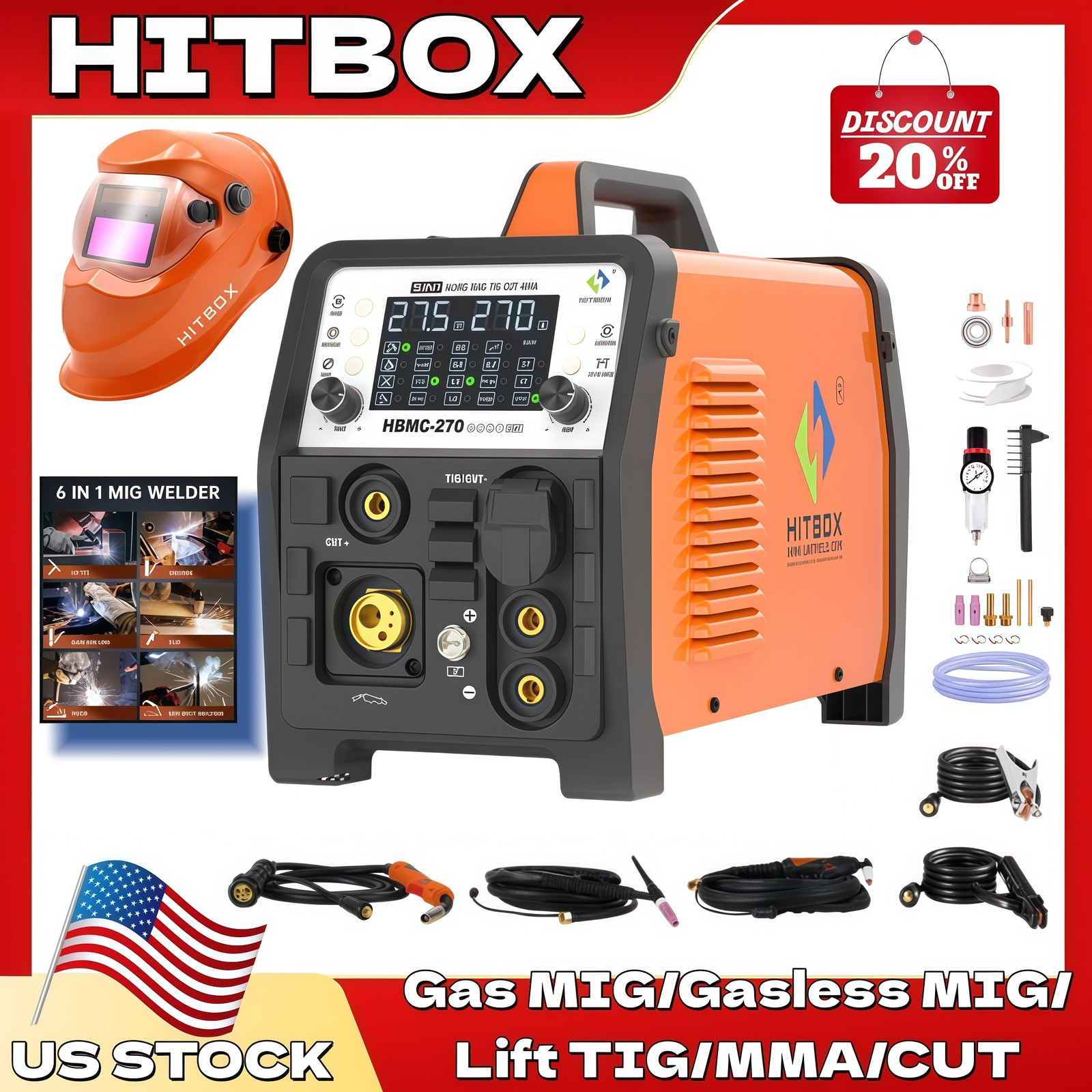 HIBIOX 200A 6 in 1 MIG Welder 40A Plasma Cutter Welder Combo 220V welder +Helmet