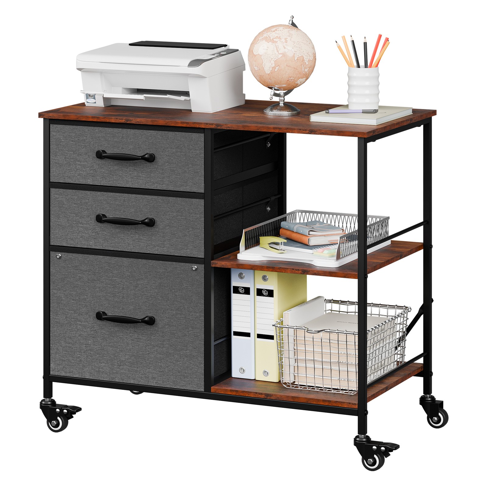 File Cabinet Rolling Printer Stand w/ Open Shelf Lateral Cabinet Dark Gray