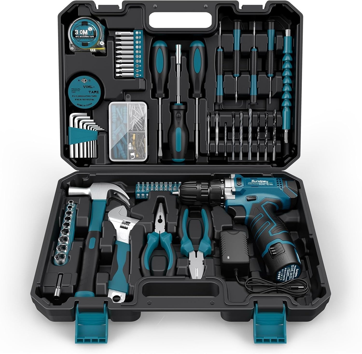 206PC Portable Basic Home Tool Kit Set with 12V Cordless Drill Blue | with Ad...