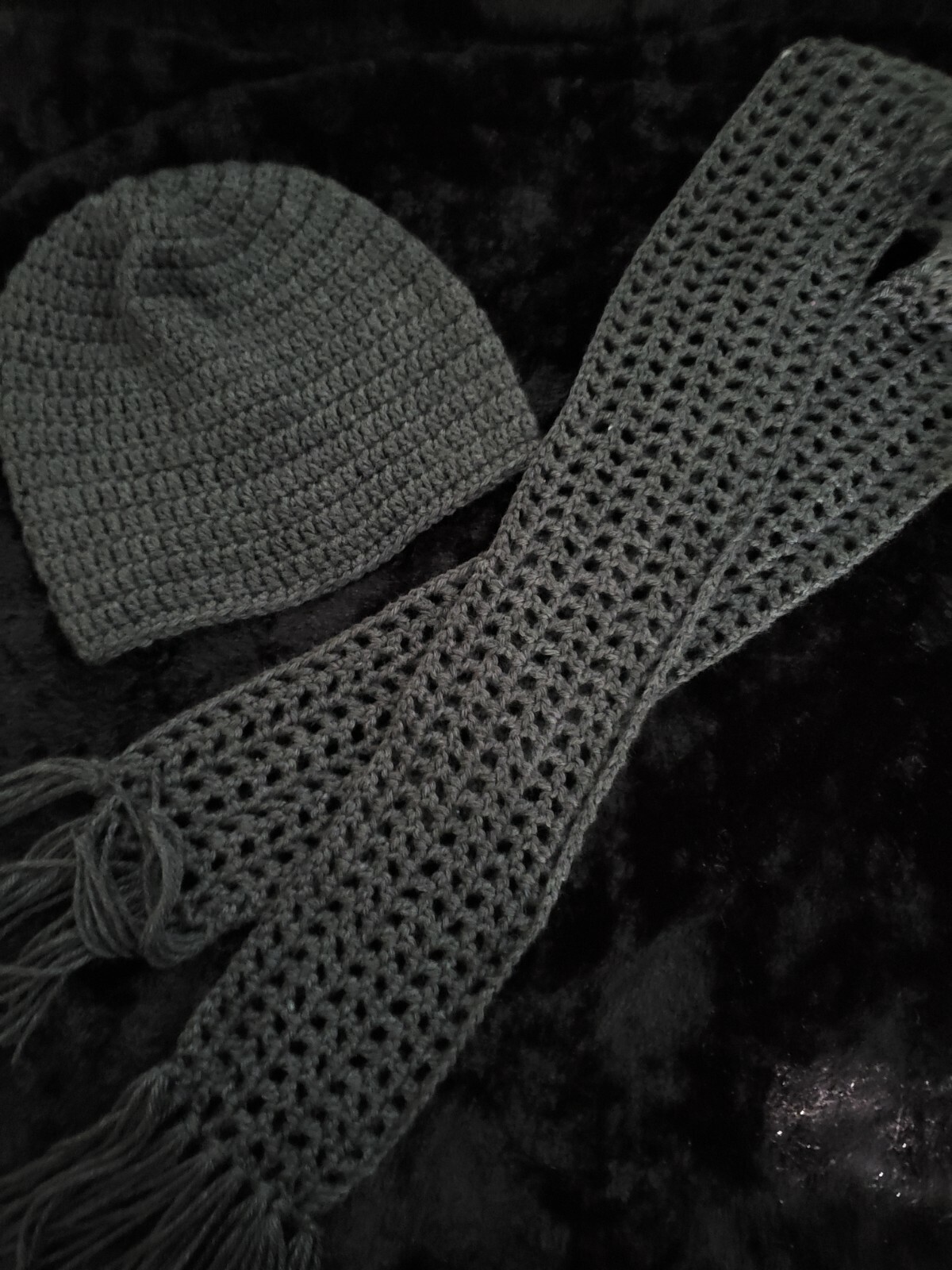 Adult/Child Handmade Crochet Hat Beanie Scarf Set Dark Gray color 19" diameter