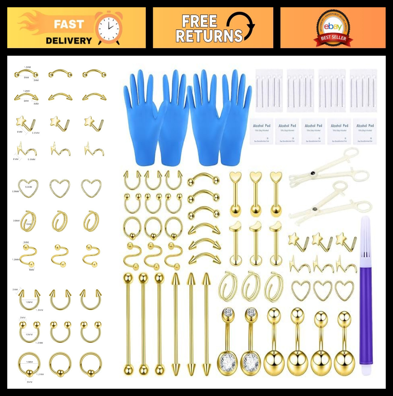 Stainless Steel Piercing Kit - Belly Button, Ear, Nose, Septum Jewelry Tools 20G