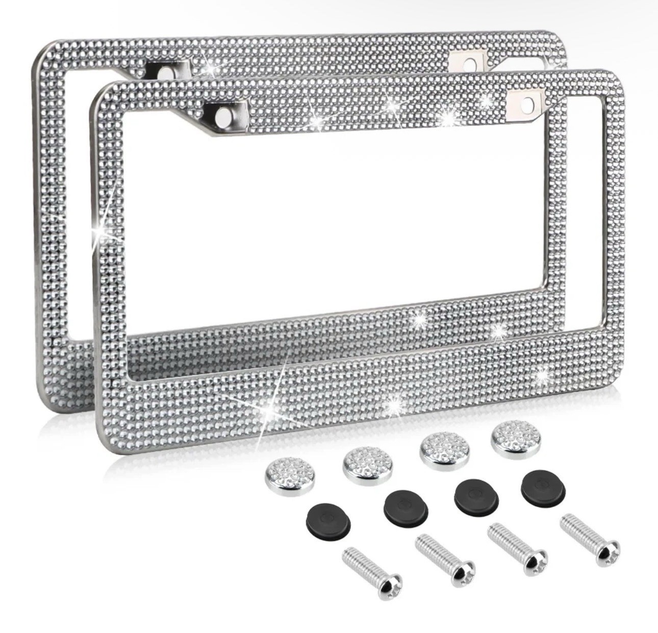 2PC Bling License Plate Frame Glitter Crystal Sparkling Rhinestone Diamond Caps