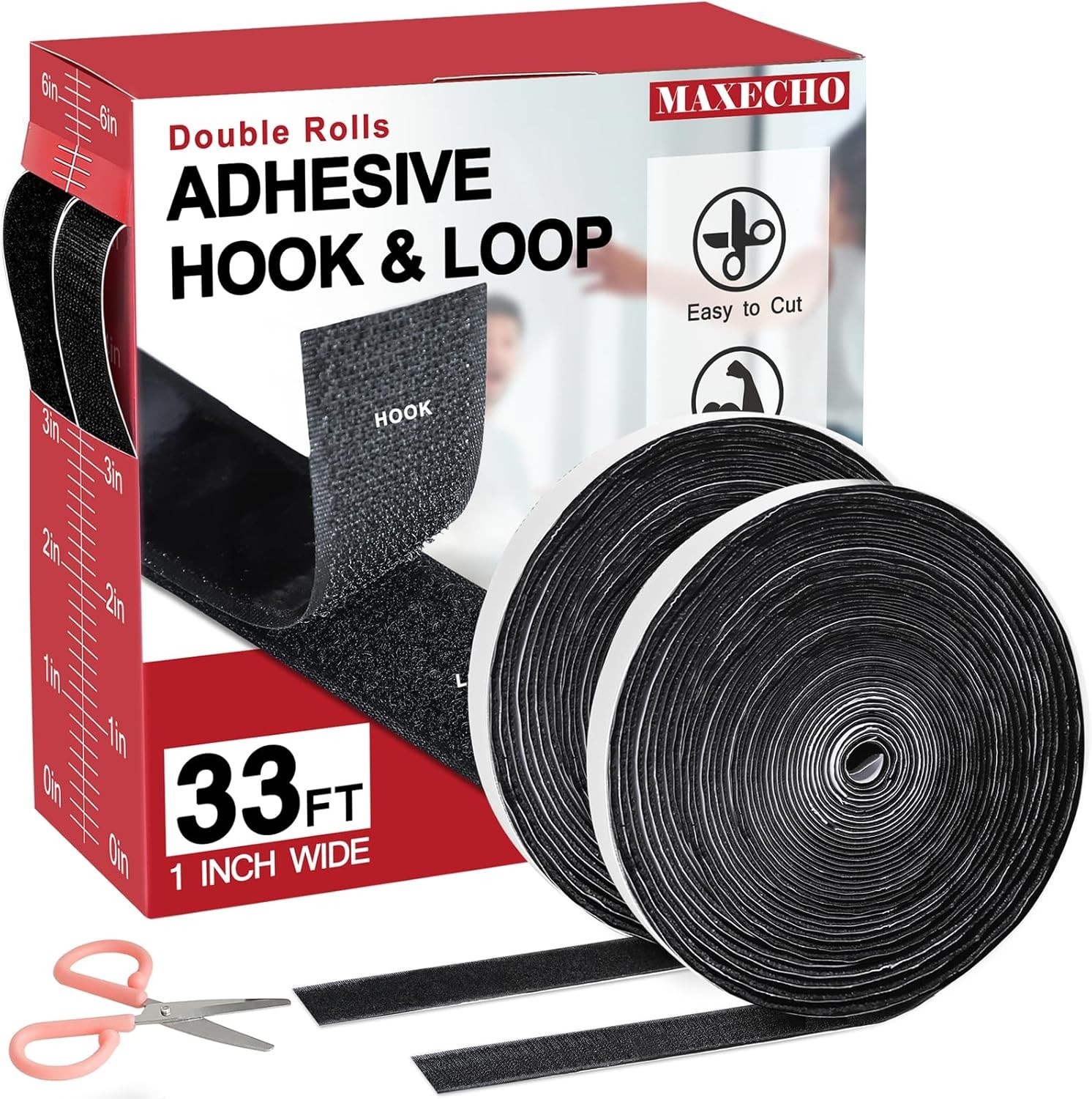 33Ft x 1 Inch Hook and Loop Tape with Adhesive Backing, Heavy Duty Double Sided