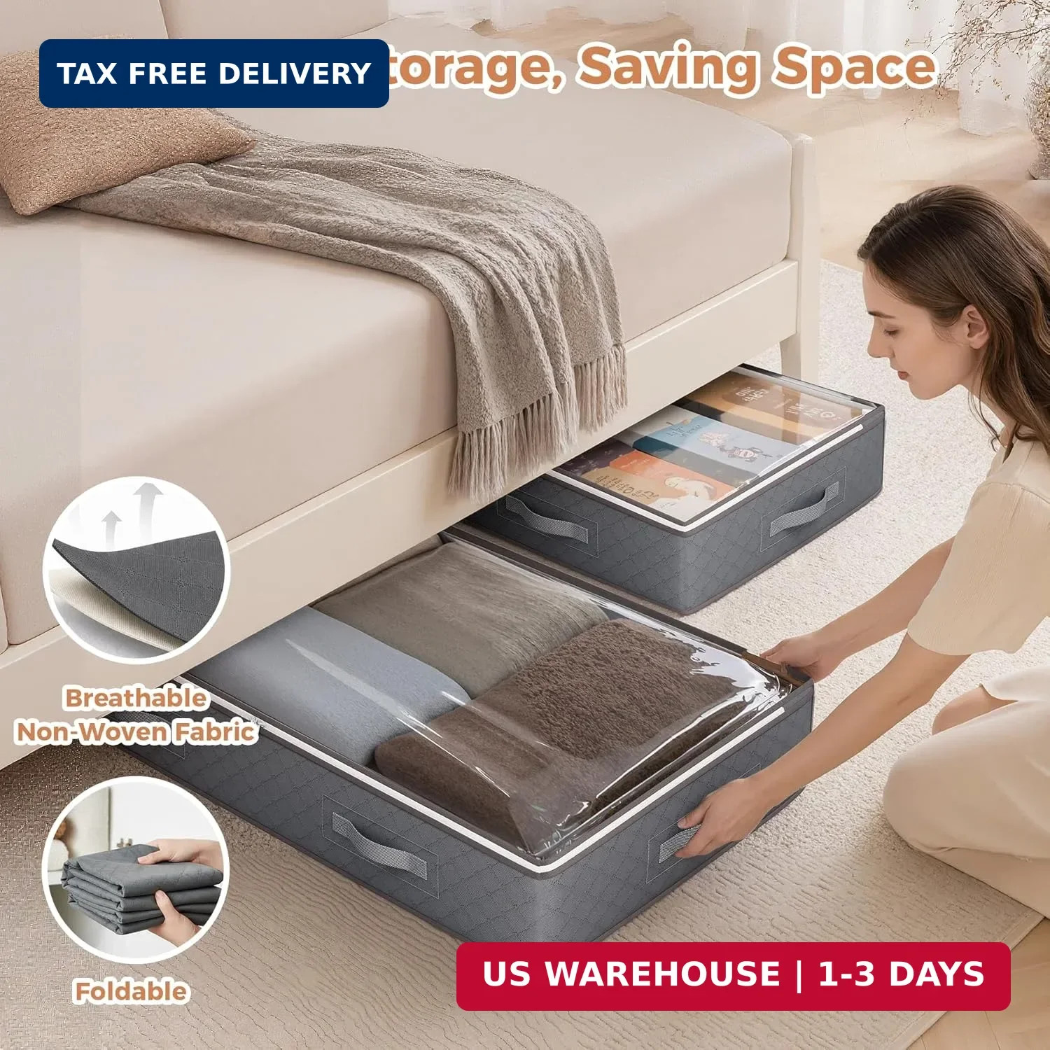 90L Under Bed Storage Containers, 4 Pack Closet Organizers Grey | Foldable under