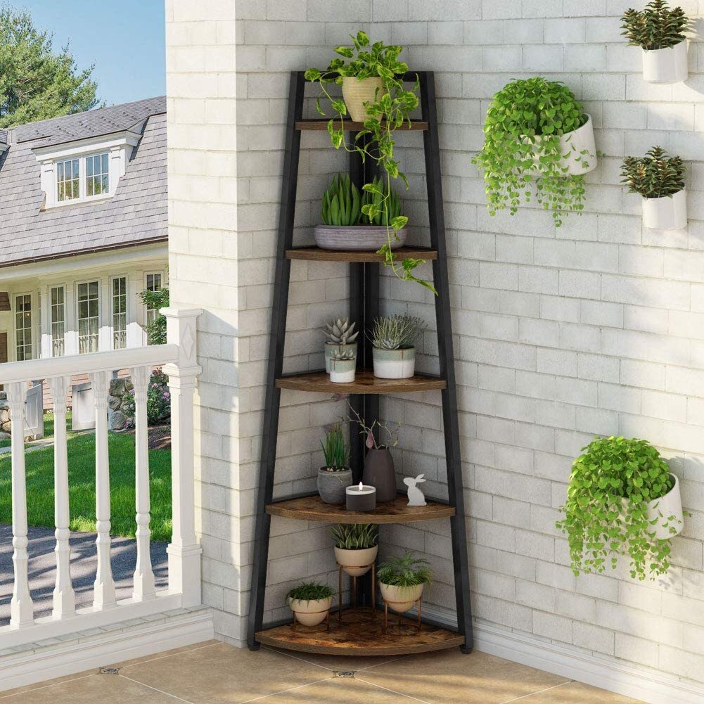 Tribesigns 5-Tier Corner Shelf, 70" Tall Rustic Corner Bookshelf Plant Stand