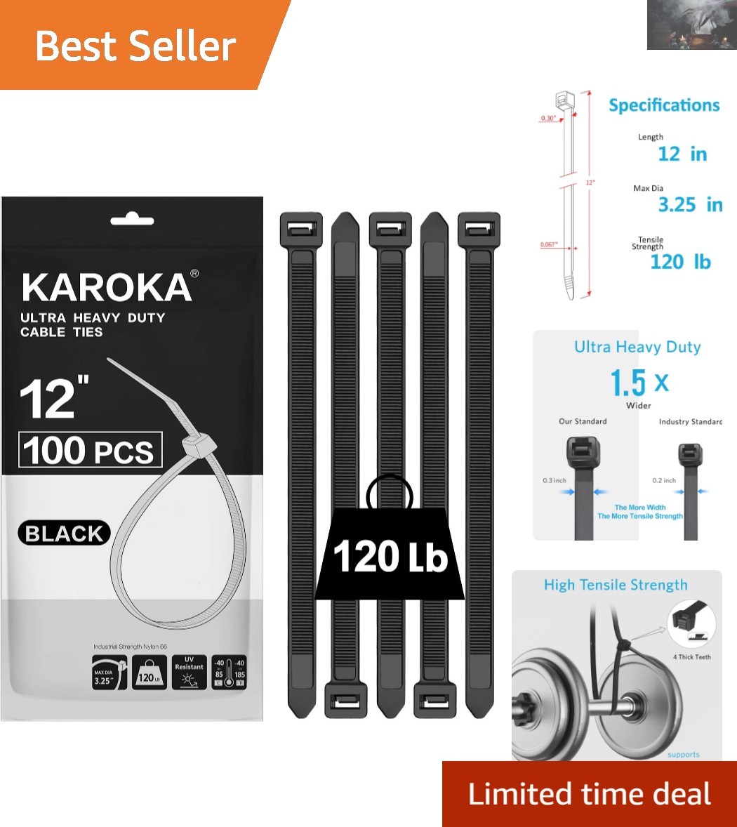 12-Inch Heavy Duty Zip Ties - 100 Pack with 120 lb Strength, Black Nylon