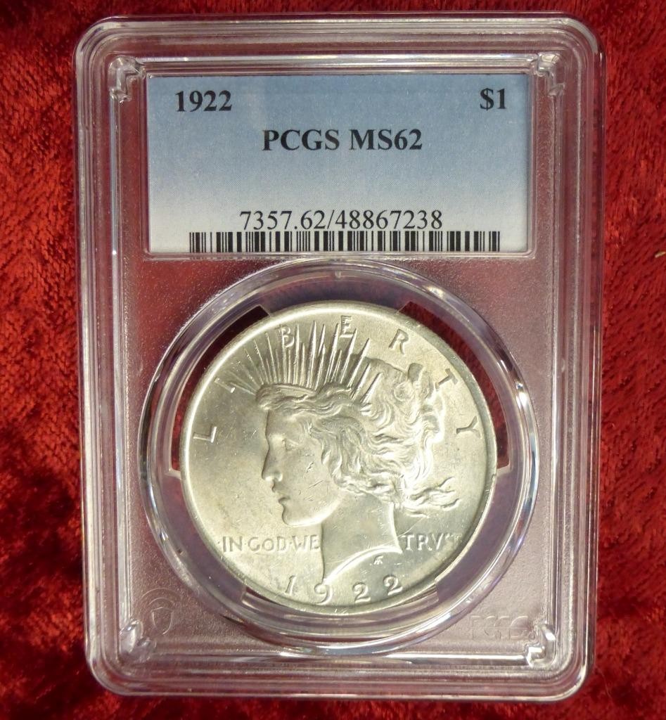 1922 PCGS MS 62 Peace Silver Dollar Coin, United States of America Silver $1