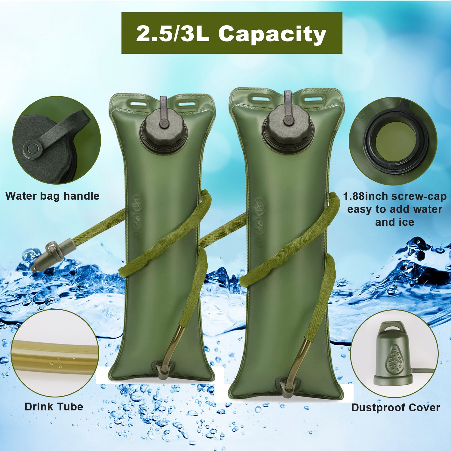 3L Hydration Bladder Water Reservoir w/ Drinking Tube for Camping Hiking Biking