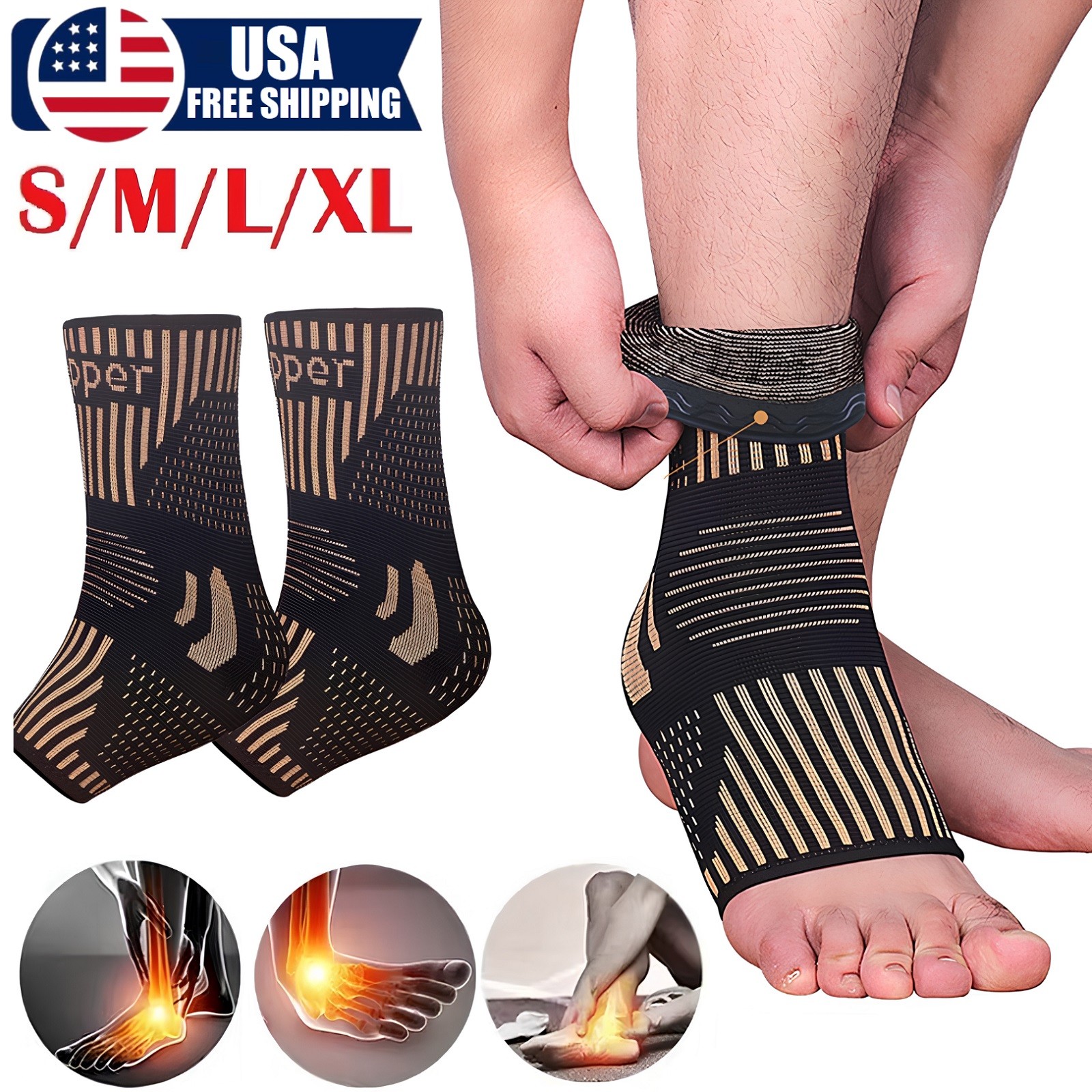Copper Ankle Support Brace Stabilizer Compression Sleeve Socks Foot Pain Relief