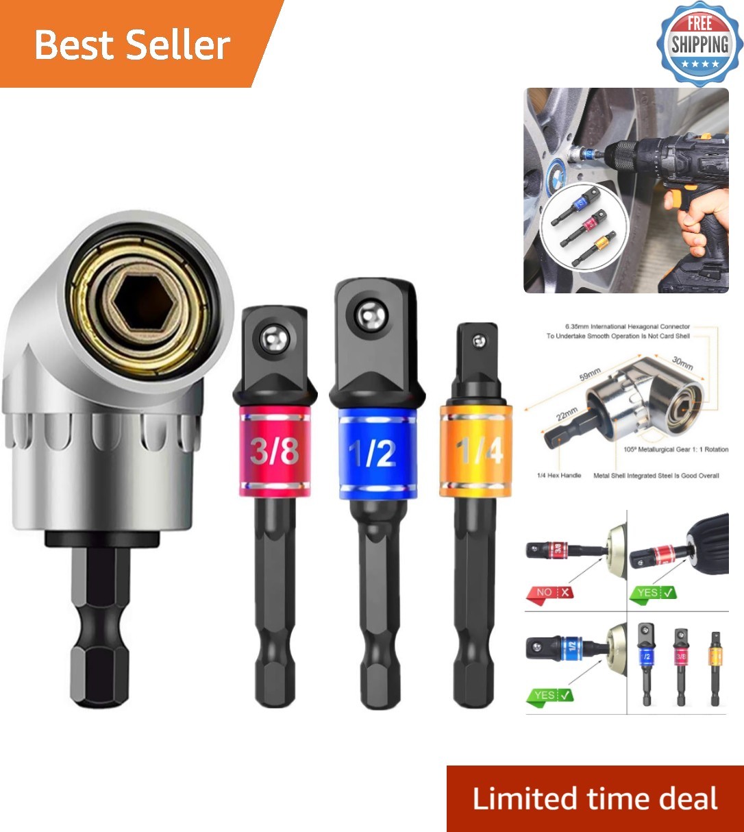 Durable Chrome Vanadium Hex Shank Adapter Set - 3 Pcs with Right Angle Extension