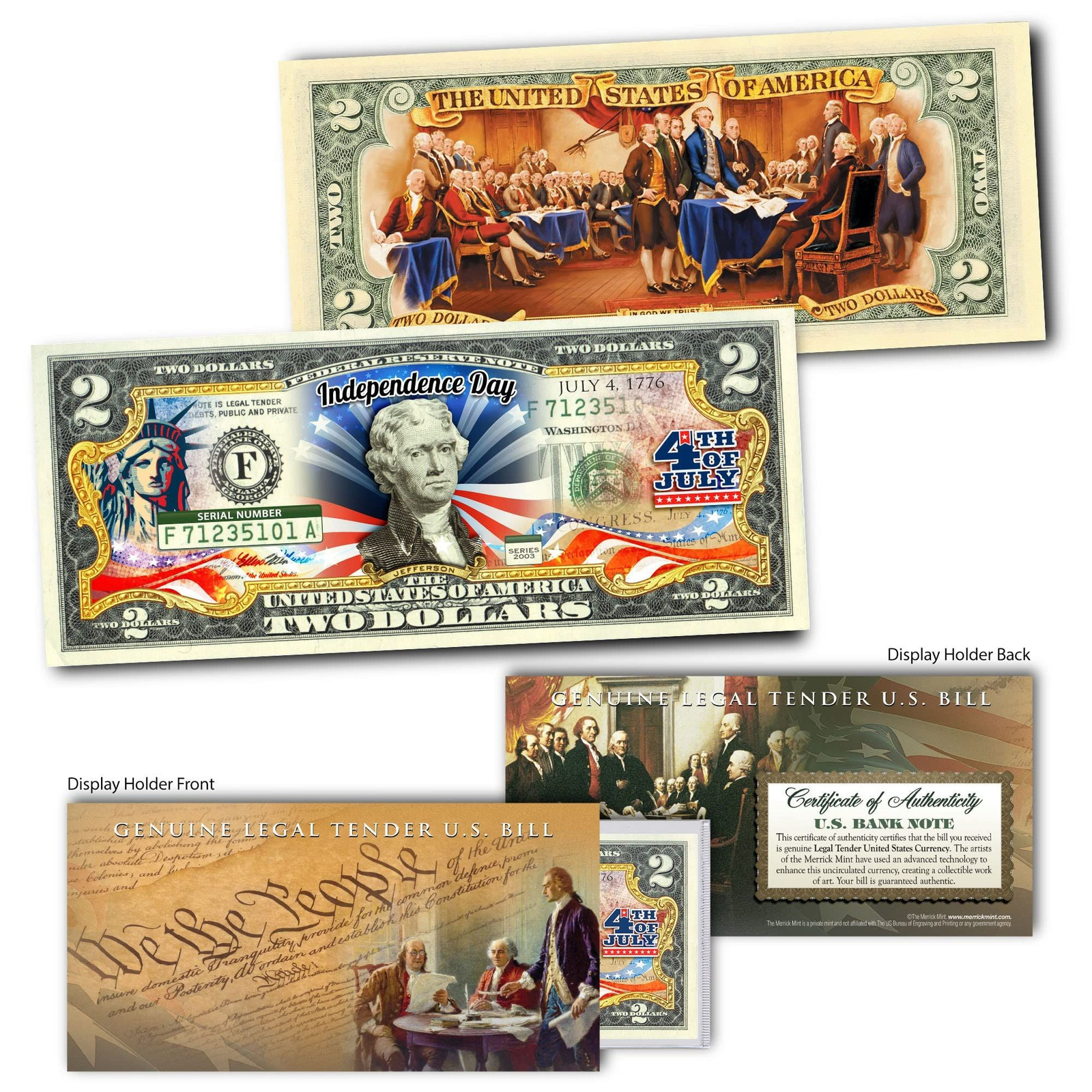 July 4th 2-Sided Patriotic Independence Day Uncirculated Two Dollar Bill...