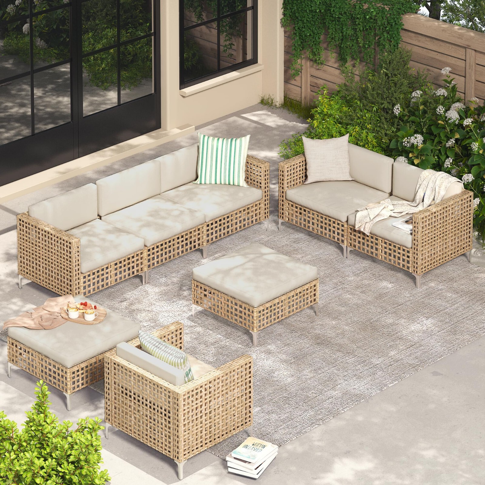 Outdoor Patio Furniture Set Wicker Boho Sectional Sofa Couch w/ Thick Cushions