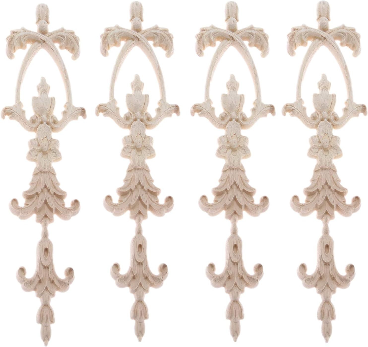 Long Frame Onlays Appliques, Wood Carved Decals, 4-Pack Unpaint Wooden Carvin...