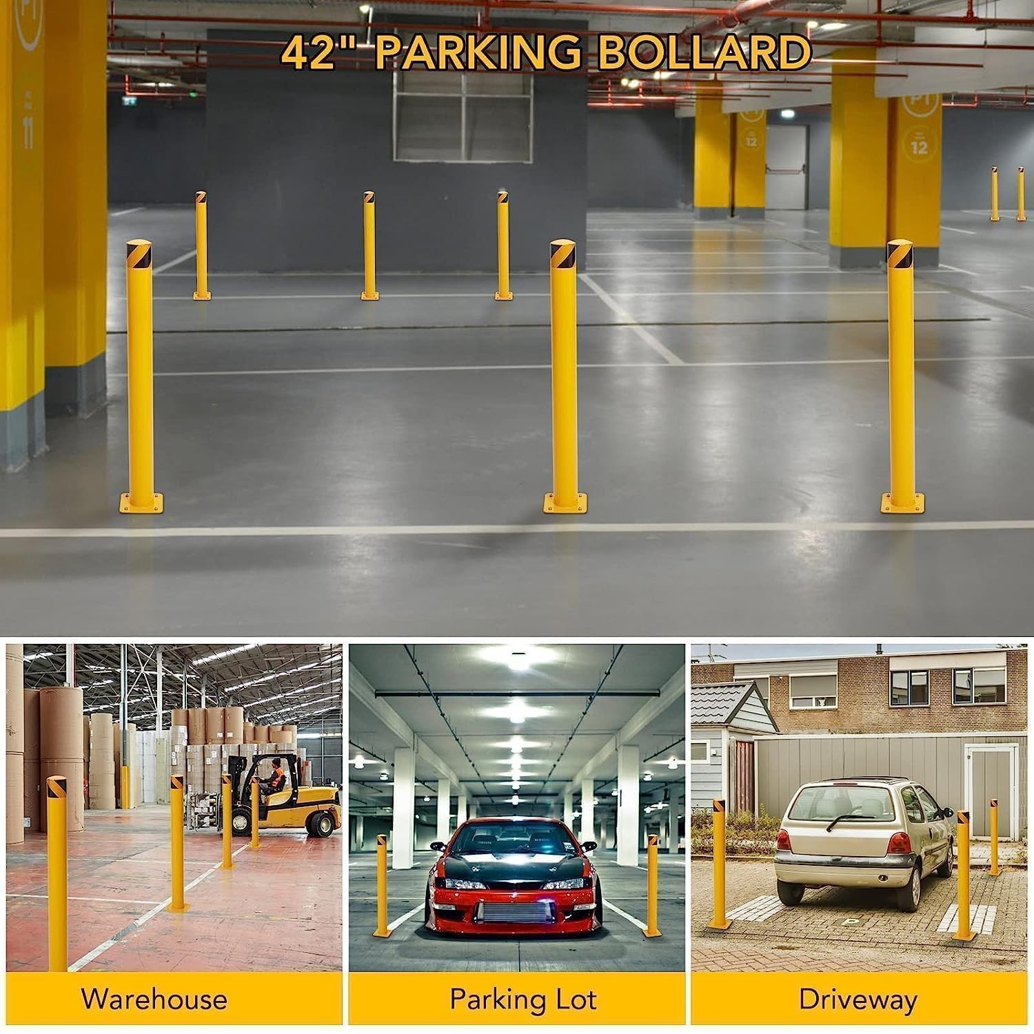 2 Pack 42'' Safety Bollard Posts for Facility & Current Protection 4.5" Diameter