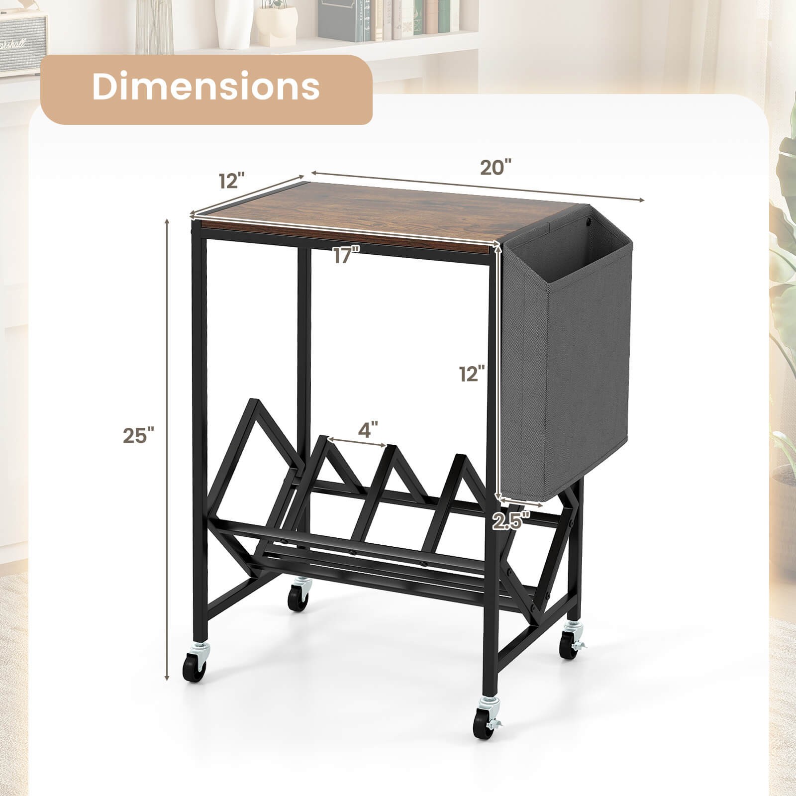 Record Player Stand w/Vinyl Record Storage & Side Storage Pouch, Swivel Wheels