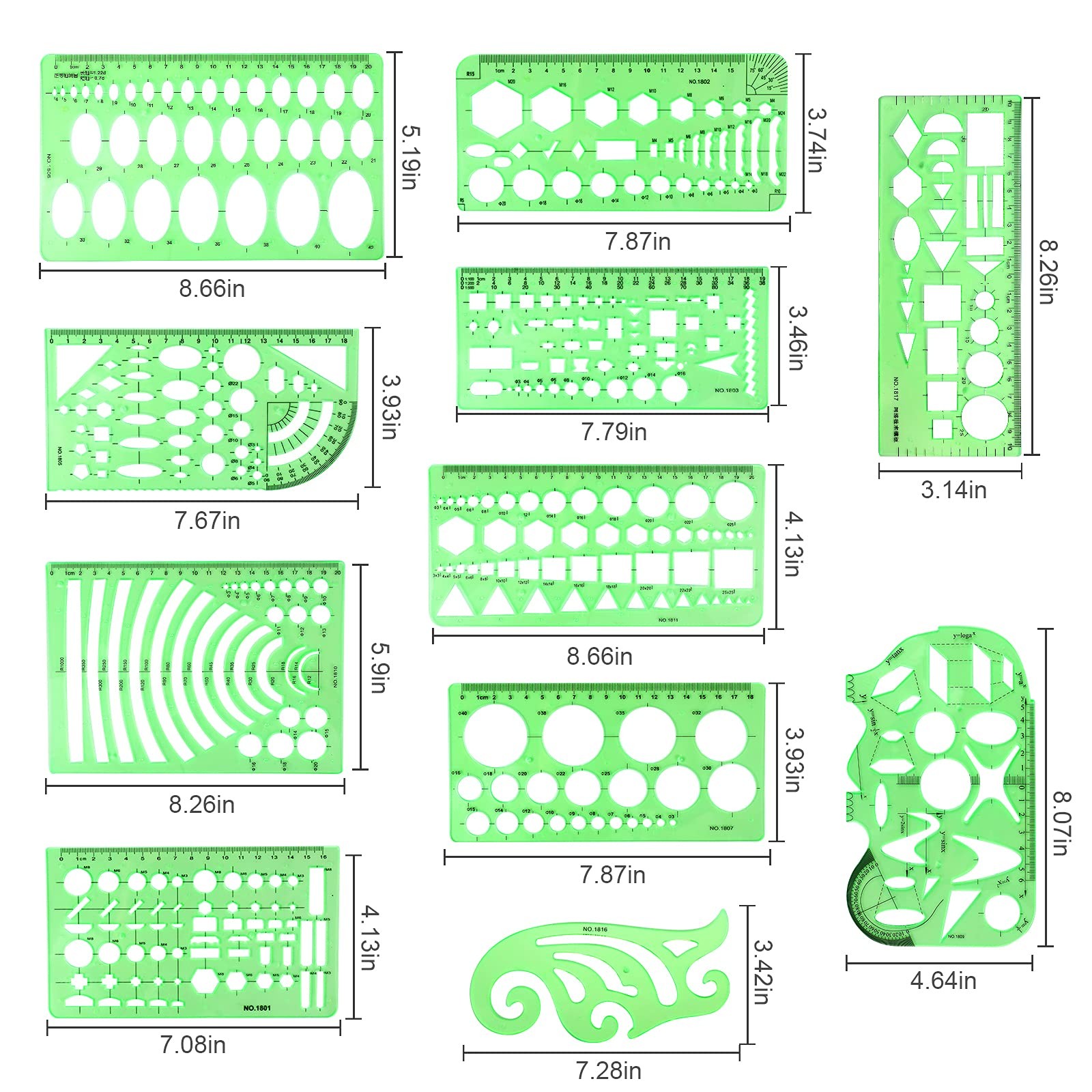 11PCS Geometric Drawings Templates, Drafting Stencils Measuring Tools,...