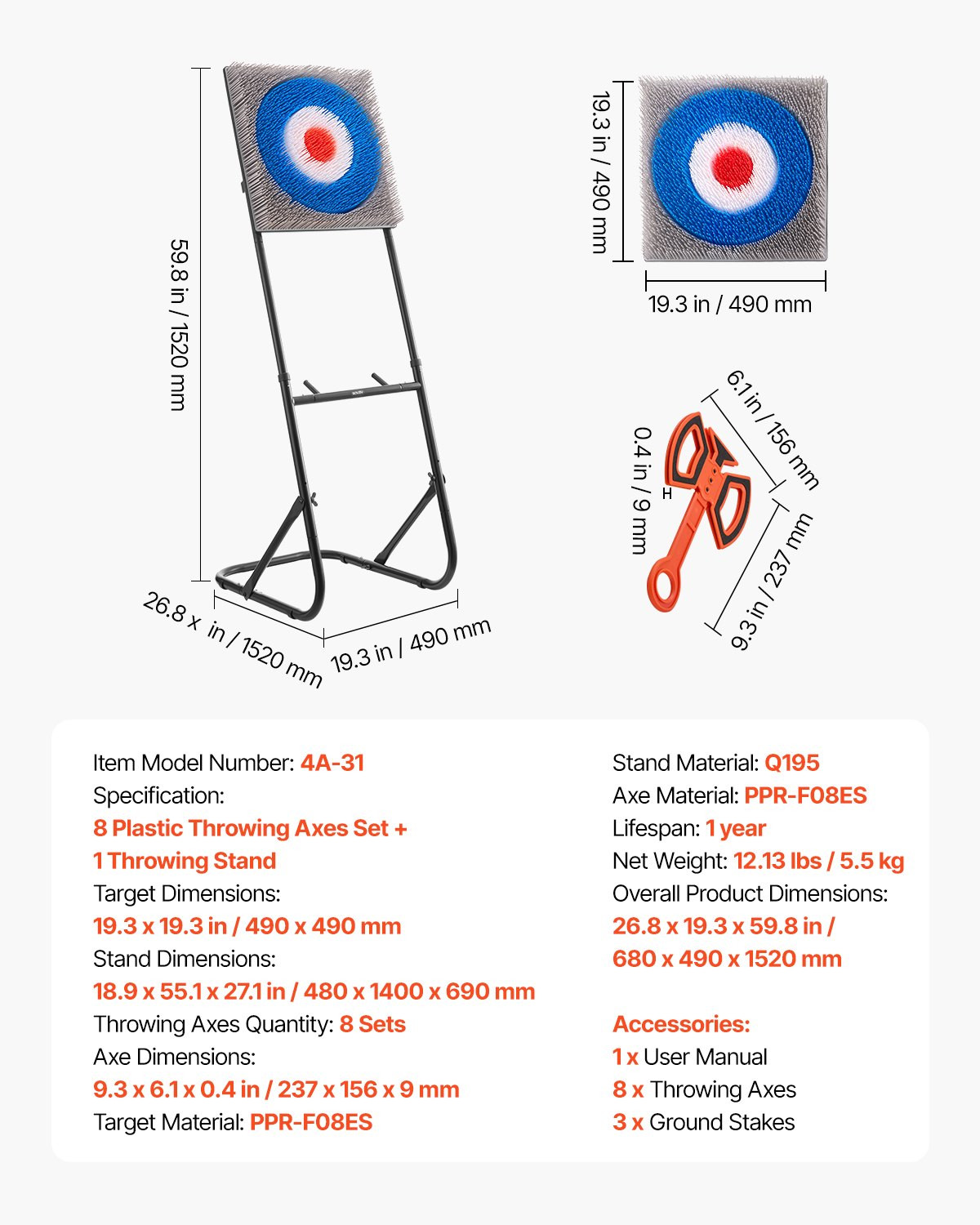 Axe Throwing Game Plastic Bristle Target with 8 Throwing Axes Set Steel Frame