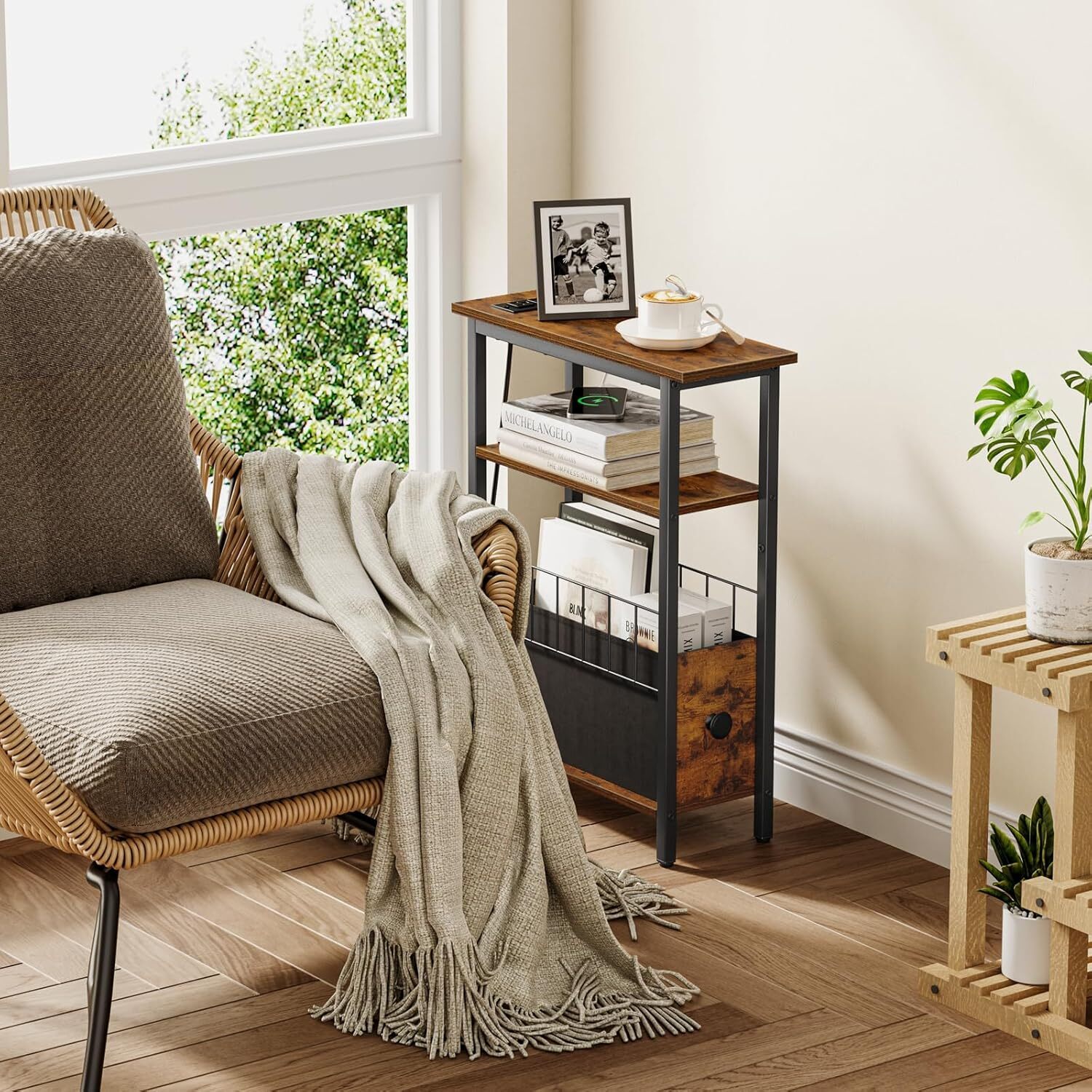 Snughome Narrow Side Table with Charging Station, Slim End Rustic Brown