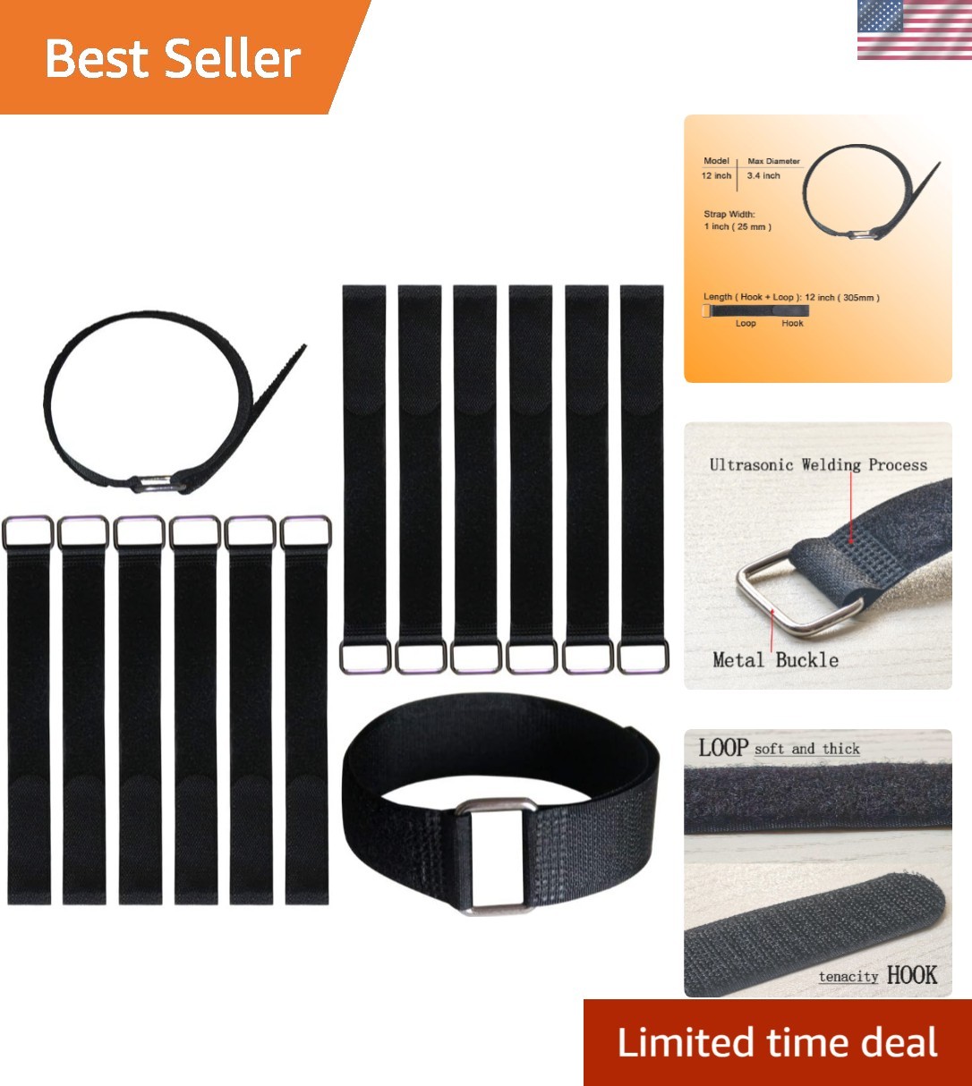 12-Inch Reusable Hook & Loop Cable Straps - Durable 12 Pack for Versatile Use