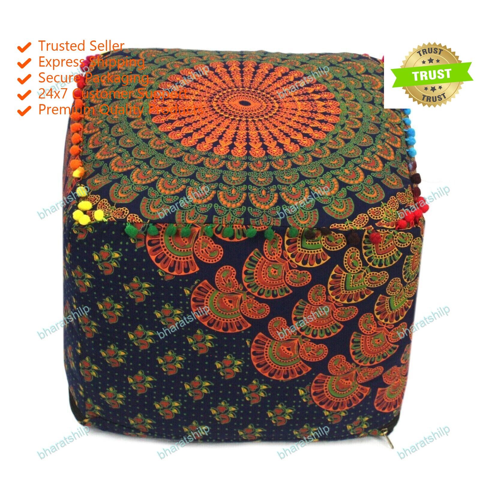 Indian Ottoman 22" Inch Multicolor Square Mandala Pouf Cover
