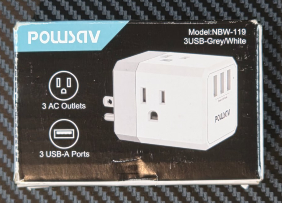 Powsav 3-Outlet USB Wall Charger & Extender w/3-Way Splitter White/Grey #NBW-119