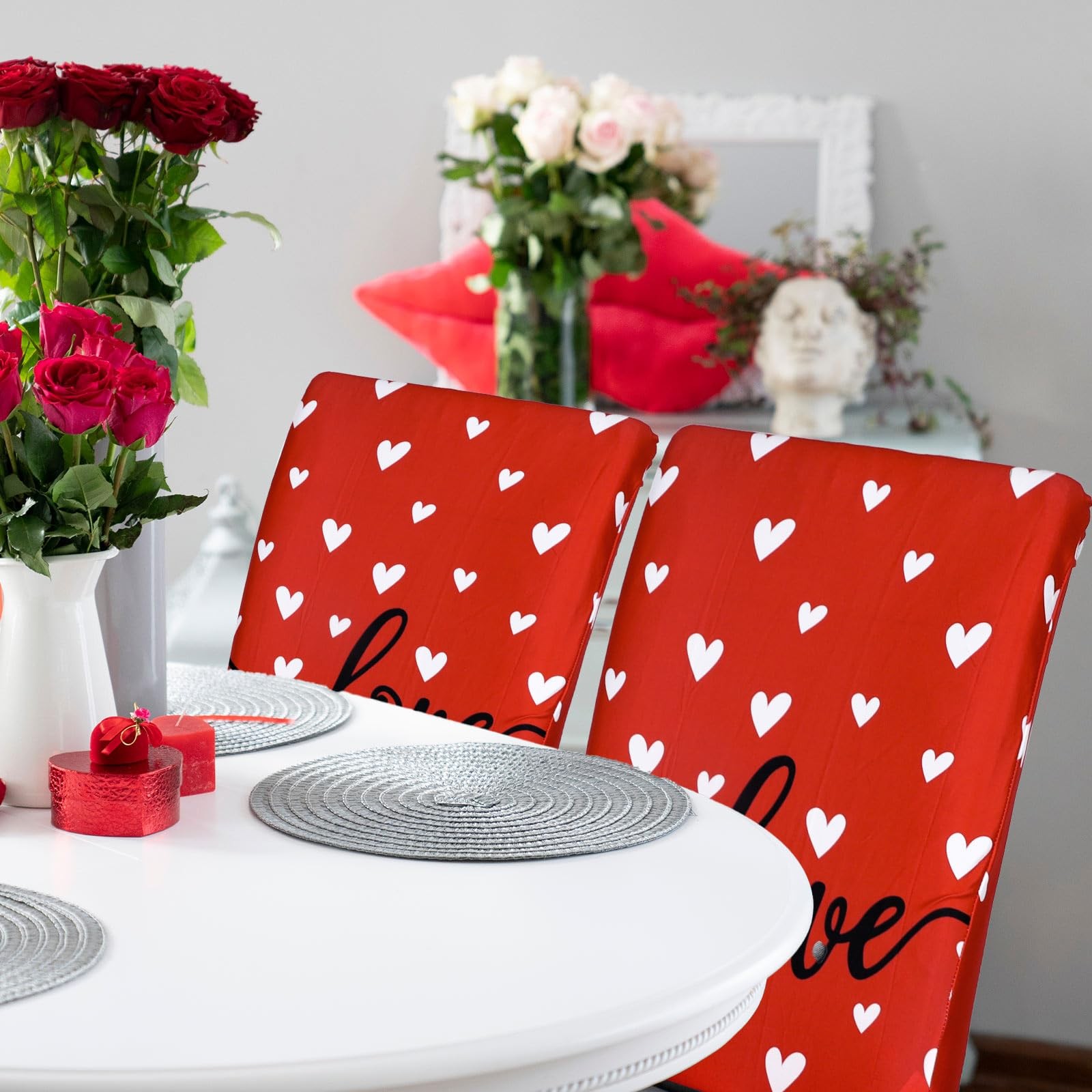 4Pcs Valentine's Day Chair Covers Sweet Love Heart Dining Chair Slipcovers Red