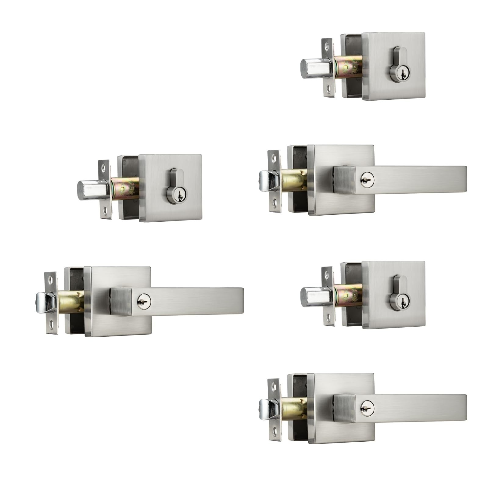 NCL 3 Pack Keyed Entry Door Lever with Single Cylinder Deadbolt, Keyed Differ...