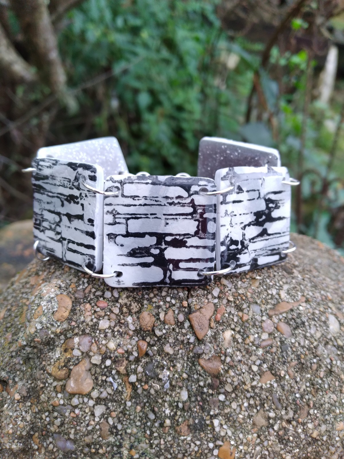 Handcrafted Reversible Polymer Clay Resin Silver Bracelet Black Gray White