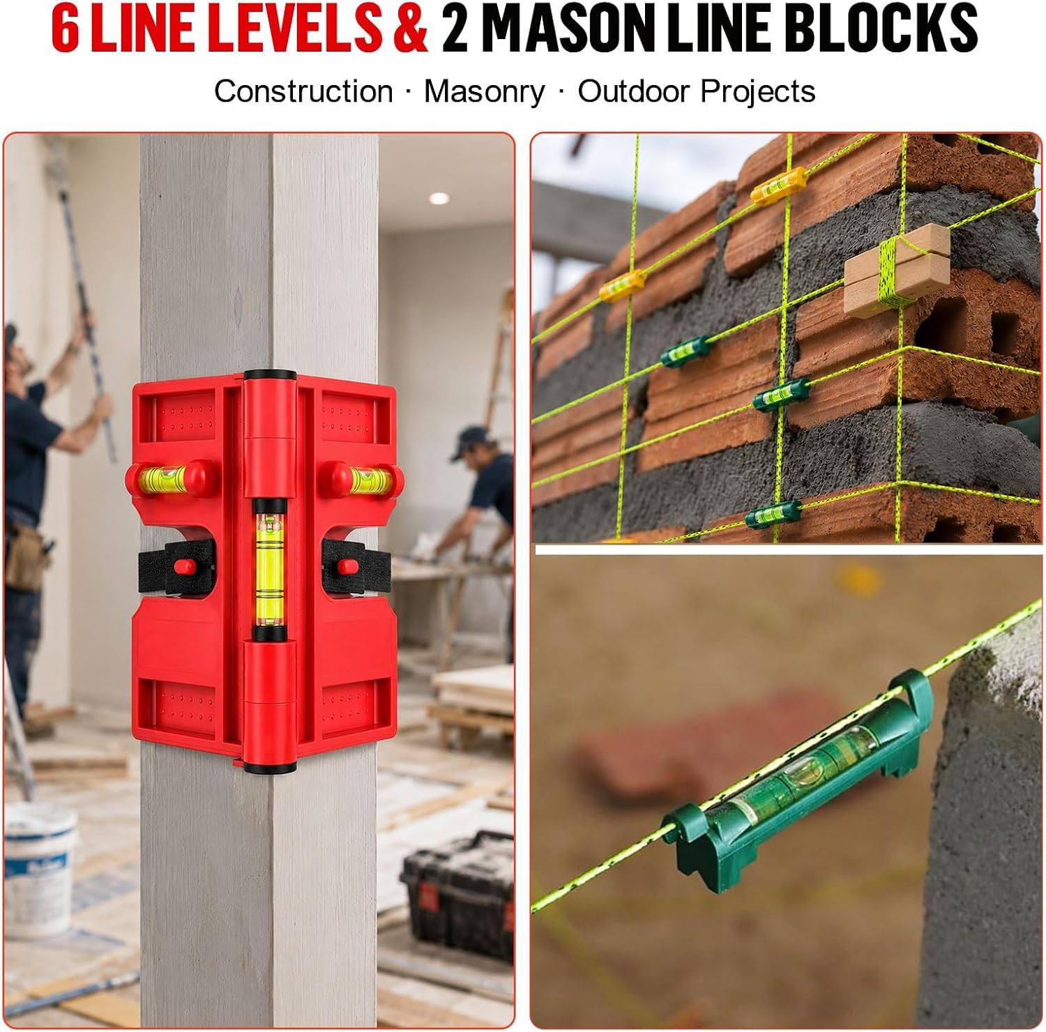 Mason Line String Kit with Adjustable Magnetic Post Level – Includes 6 Hanging L
