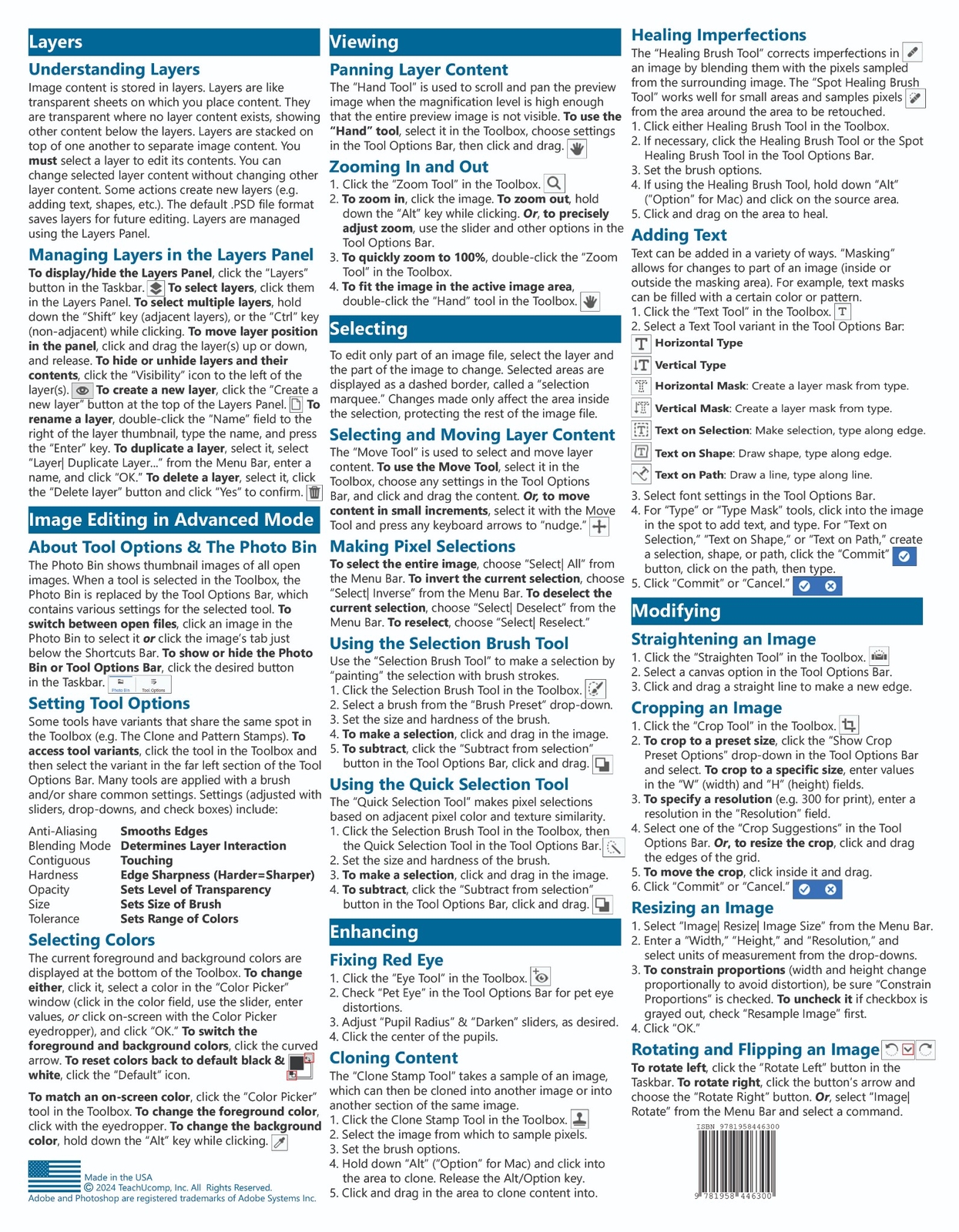 Photoshop Elements 2025 Training Guide Quick Reference Card 2 Page Cheat Sheet