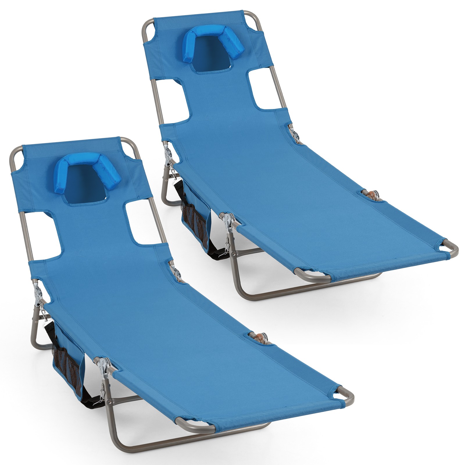 2PCS Tanning Chair,Folding Beach Lounge Chair w/5-Position Adjustable Backrest