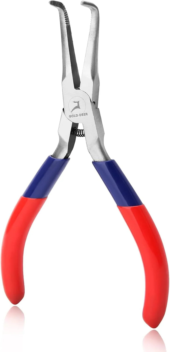 Bent Needle Nose Pliers With Serrated Jaw Mini Long Blue & Red Tool