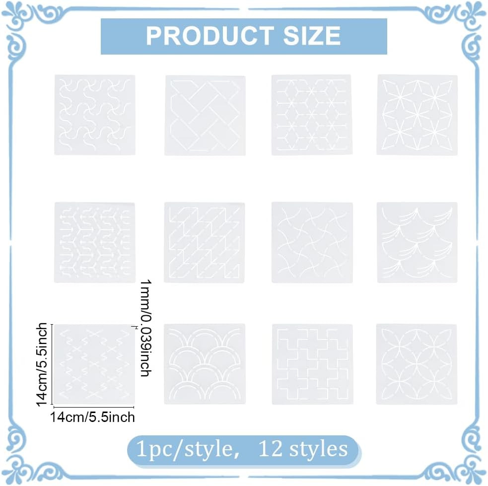 12Pcs Sashiko Stencils Sashiko Embroidery PET Template Drawing Line Template for