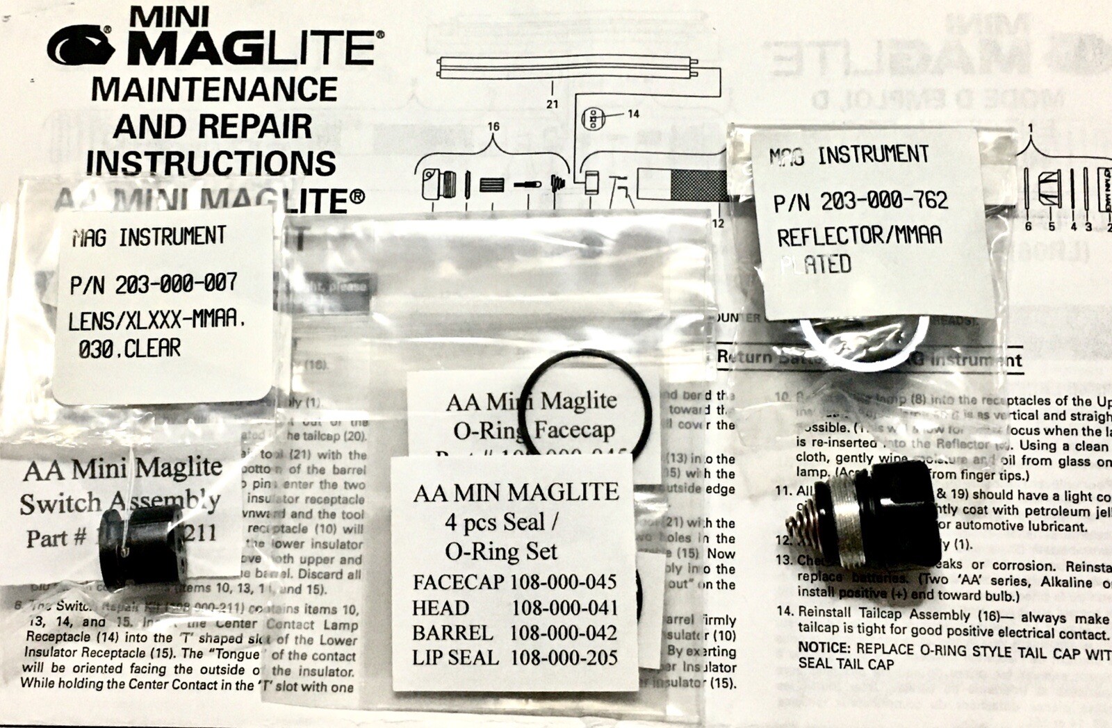 AA  Mini Maglite 8 Pcs Rejuvenation Kit With Tailcap.  W/O  Installation Tool