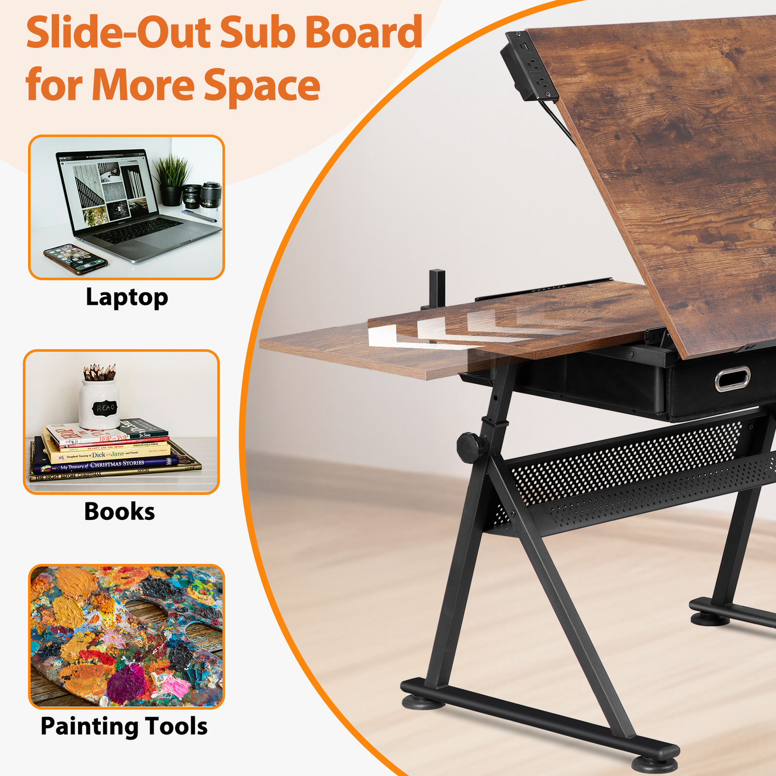 Adjustable Drawing Writing Table Stool w/ 2 Drawers for Artwork Art Desk Retro