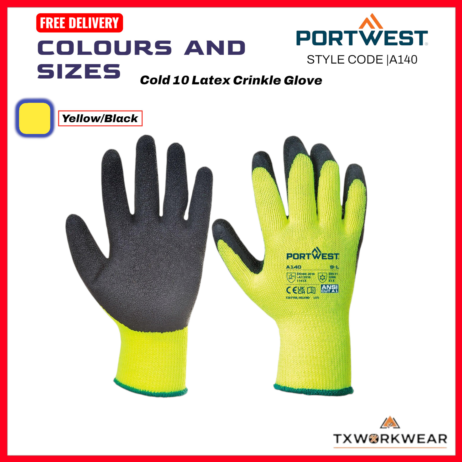 Portwest A140 Thermal Outdoor Cold Protection Gloves 10 Latex Crinkle Cut ANSI