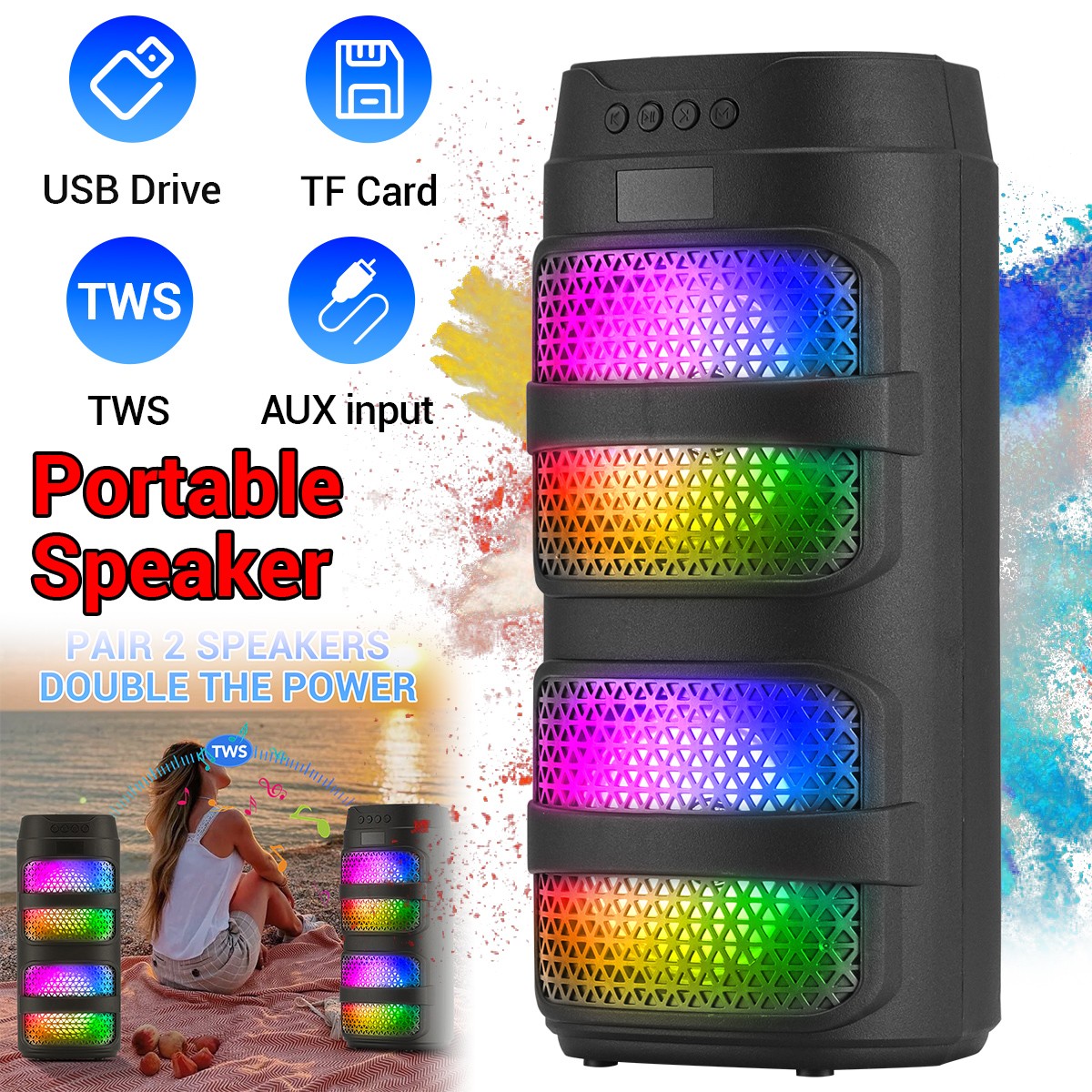 Dual 4" 3000W Portable Bass Heavy Bass Bluetooth Speakers Stereo Party TWS Sound